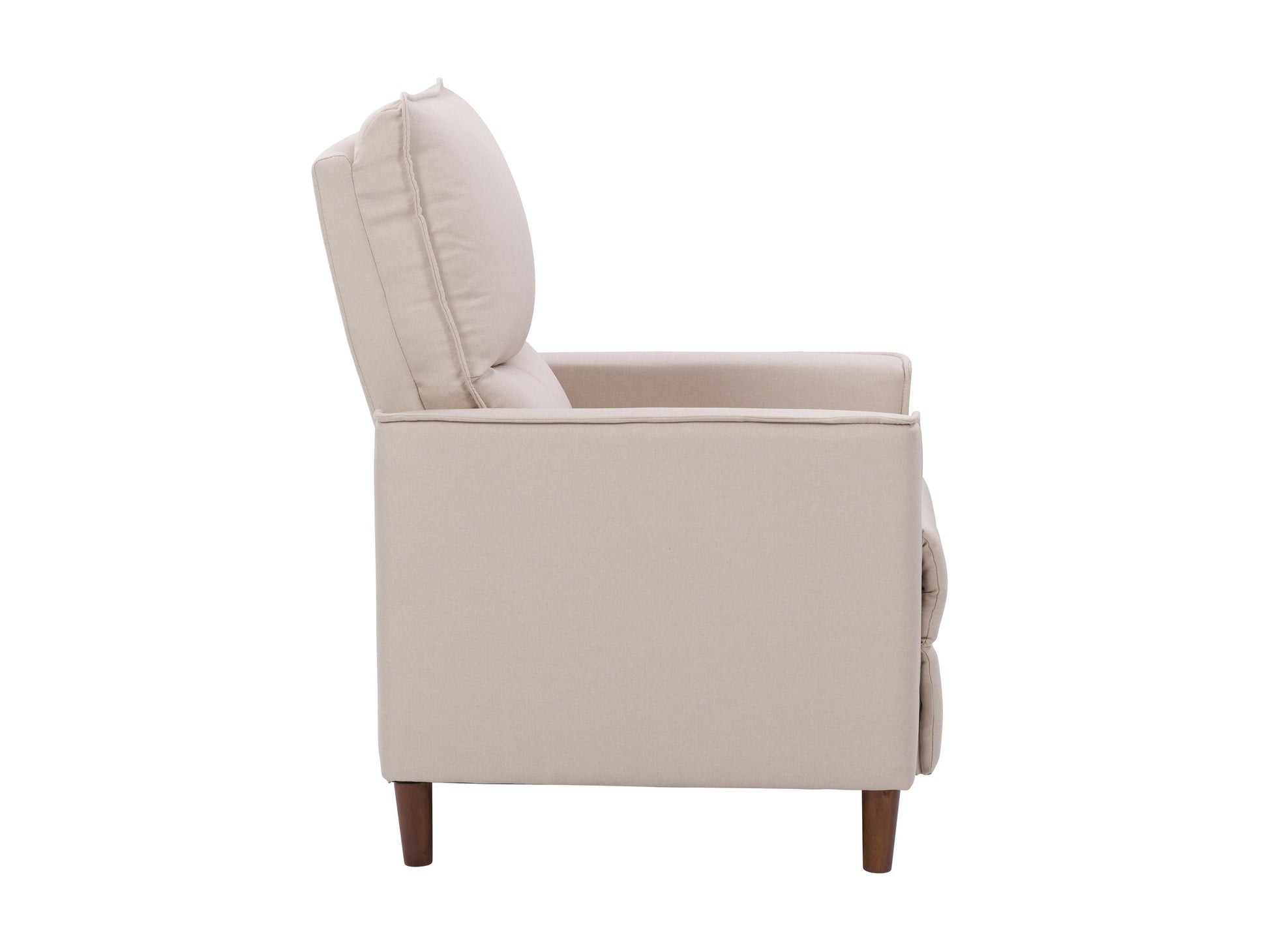 Mid-century beige recliner with wooden legs, tufted backrest, and sleek design for modern living rooms.