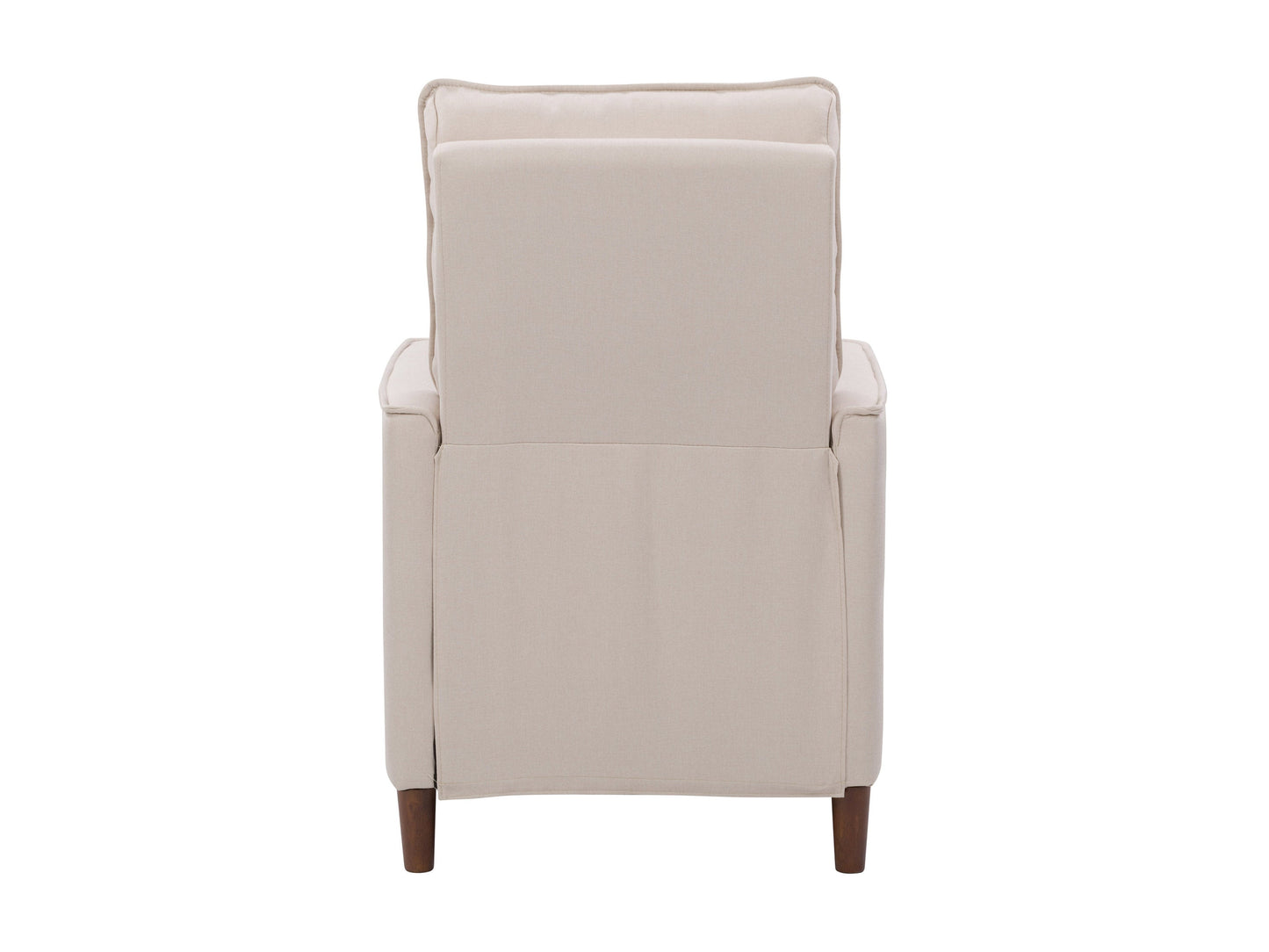 Mid-century beige recliner with wooden legs, tufted backrest, and sleek armrests.