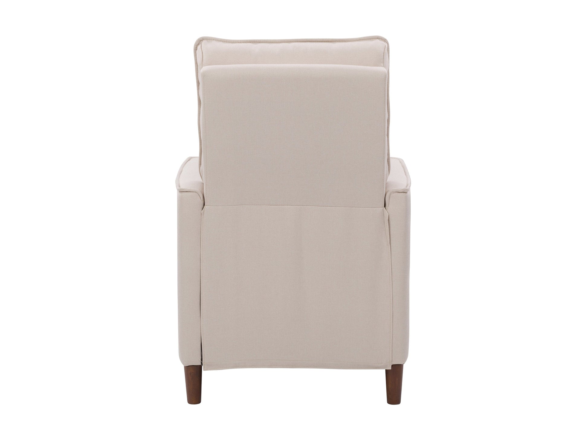 Mid-century beige recliner with wooden legs, tufted backrest, and sleek armrests.