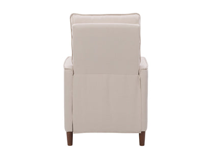 Mid-century beige recliner with wooden legs, tufted backrest, and sleek armrests.