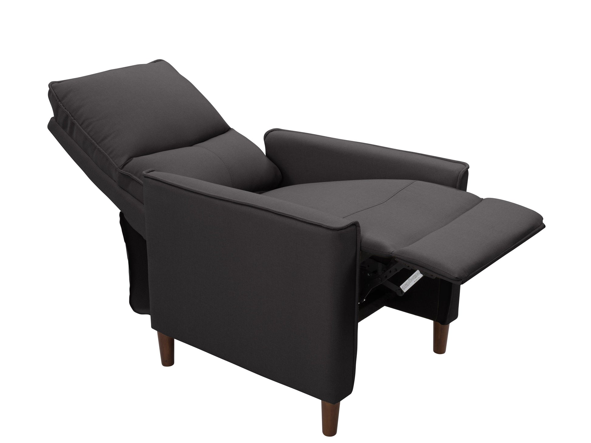 Mid-century dark grey recliner with tufted cushions and wooden legs, perfect for modern living rooms.