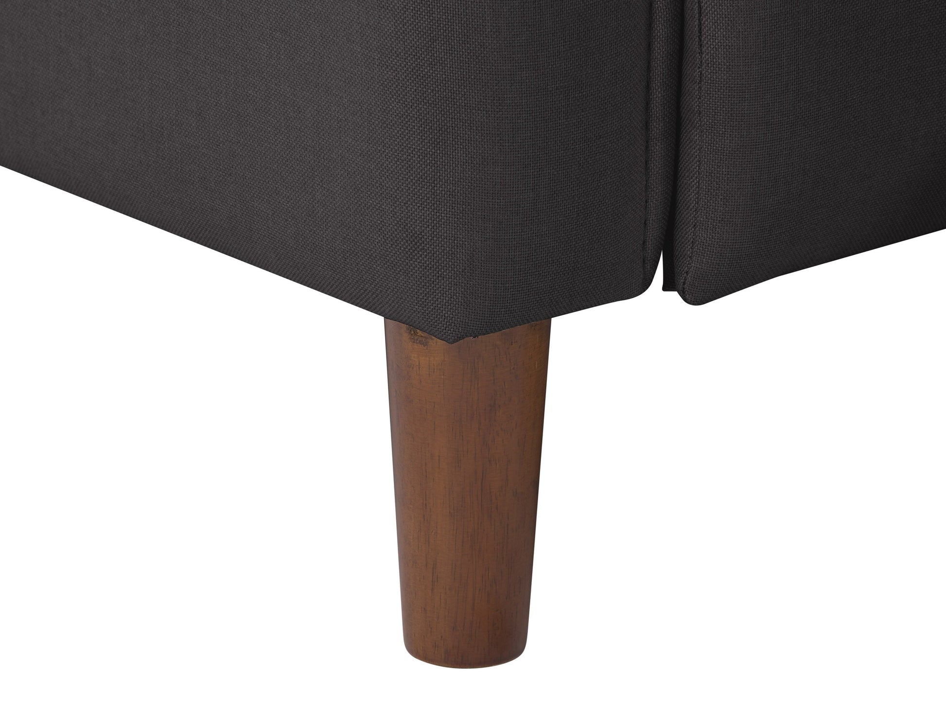 Dark grey mid-century recliner with wooden legs, tufted backrest, and ergonomic design.