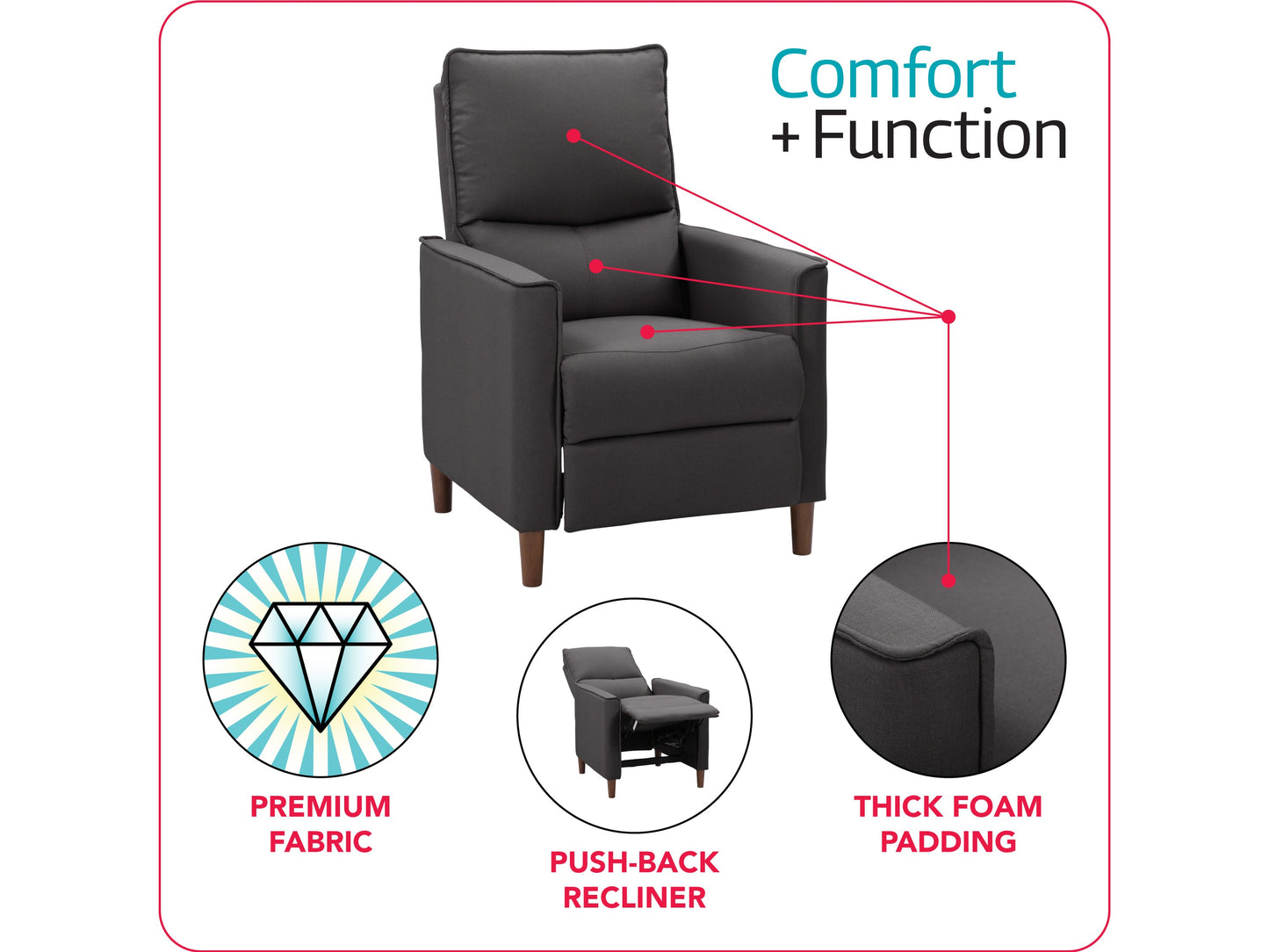 Mid-century dark grey fabric recliner with wooden legs, tufted backrest, and ergonomic design.
