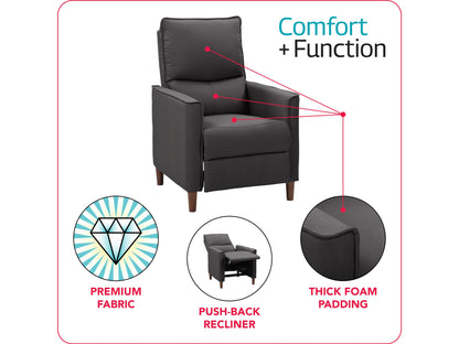 Mid-century dark grey fabric recliner with wooden legs, tufted backrest, and ergonomic design.