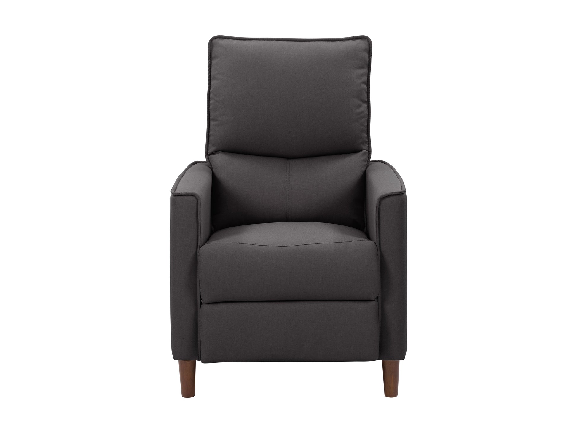 Dark grey mid-century recliner with wooden legs and tufted backrest.