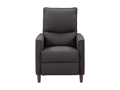 Dark grey mid-century recliner with wooden legs and tufted backrest.