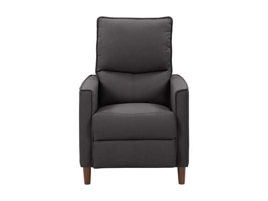 Dark grey mid-century recliner with wooden legs and tufted backrest.