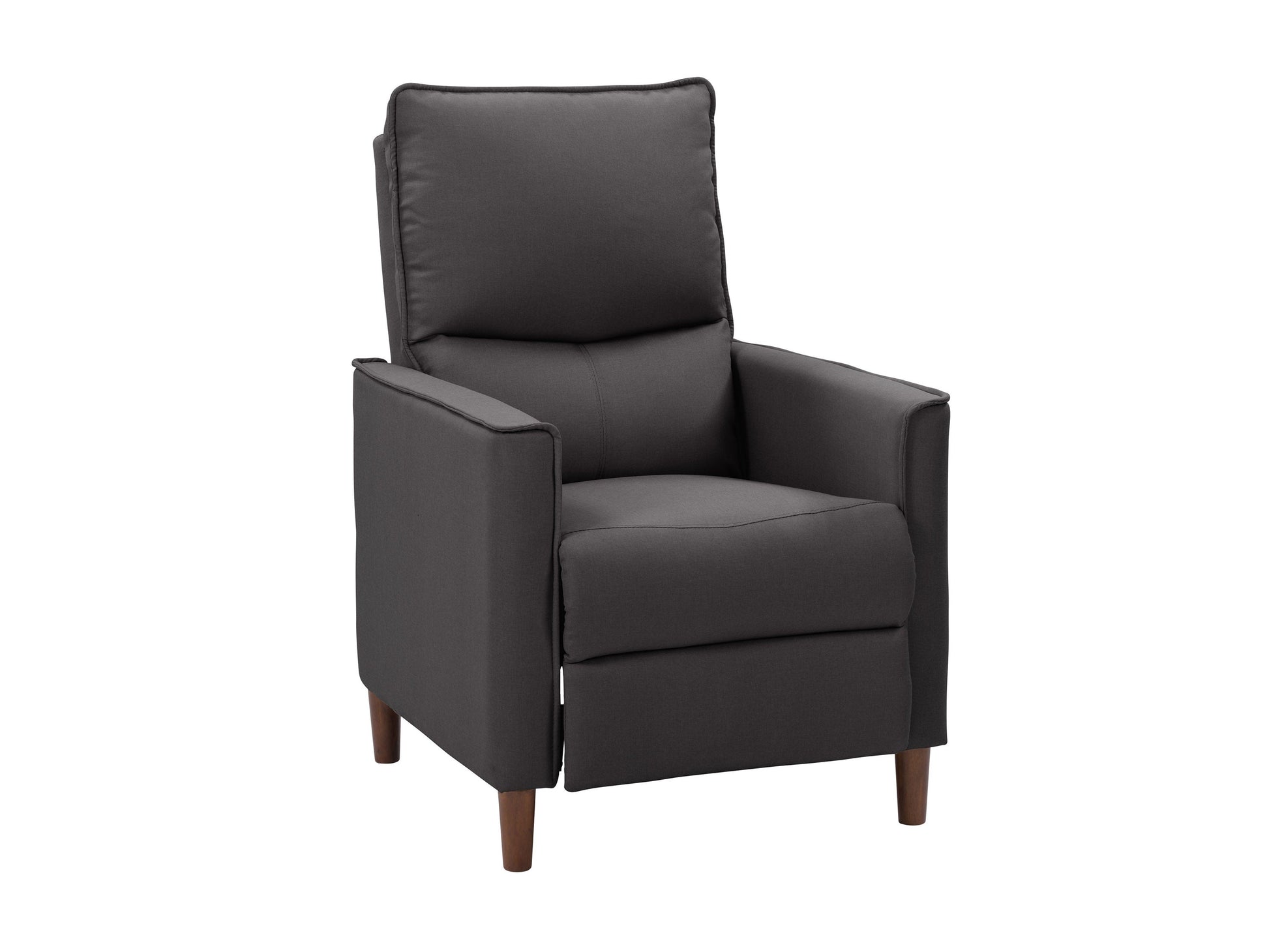Mid-century dark grey fabric recliner with wooden legs and tufted backrest.