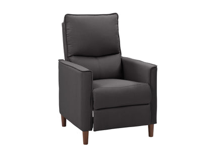 Mid-century dark grey fabric recliner with wooden legs and tufted backrest.