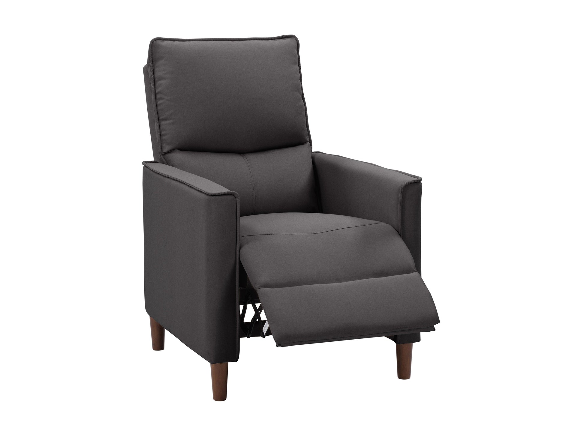 Dark grey mid-century recliner with wooden legs, tufted backrest, and comfortable fabric upholstery.