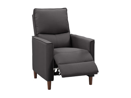 Dark grey mid-century recliner with wooden legs, tufted backrest, and comfortable fabric upholstery.