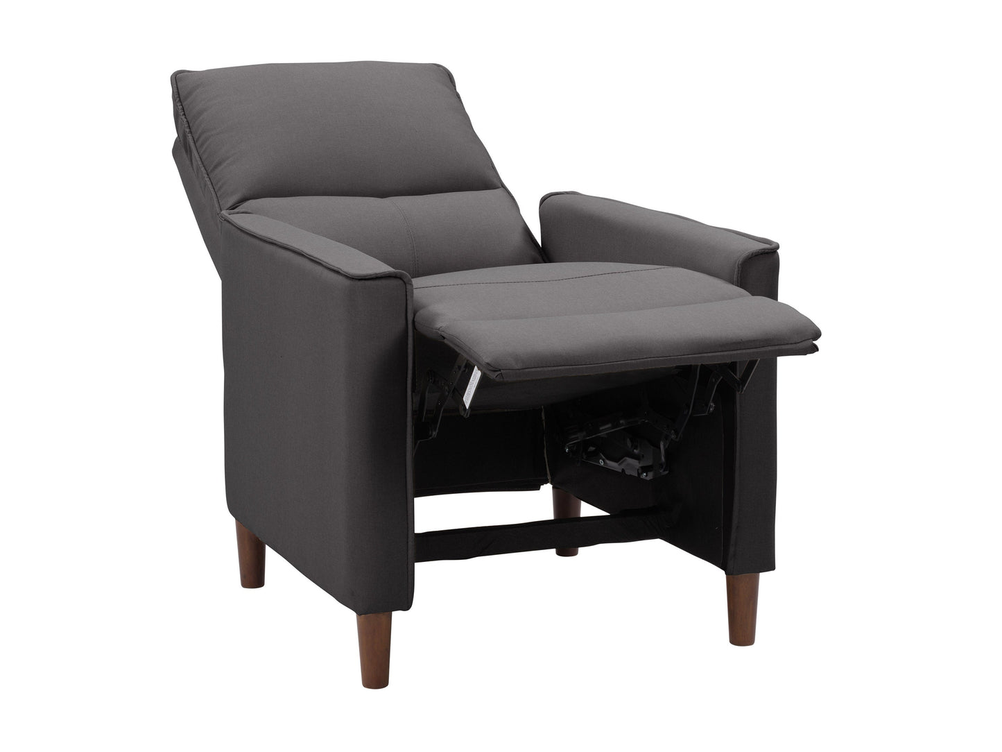Dark grey mid-century recliner with wooden legs and tufted backrest.