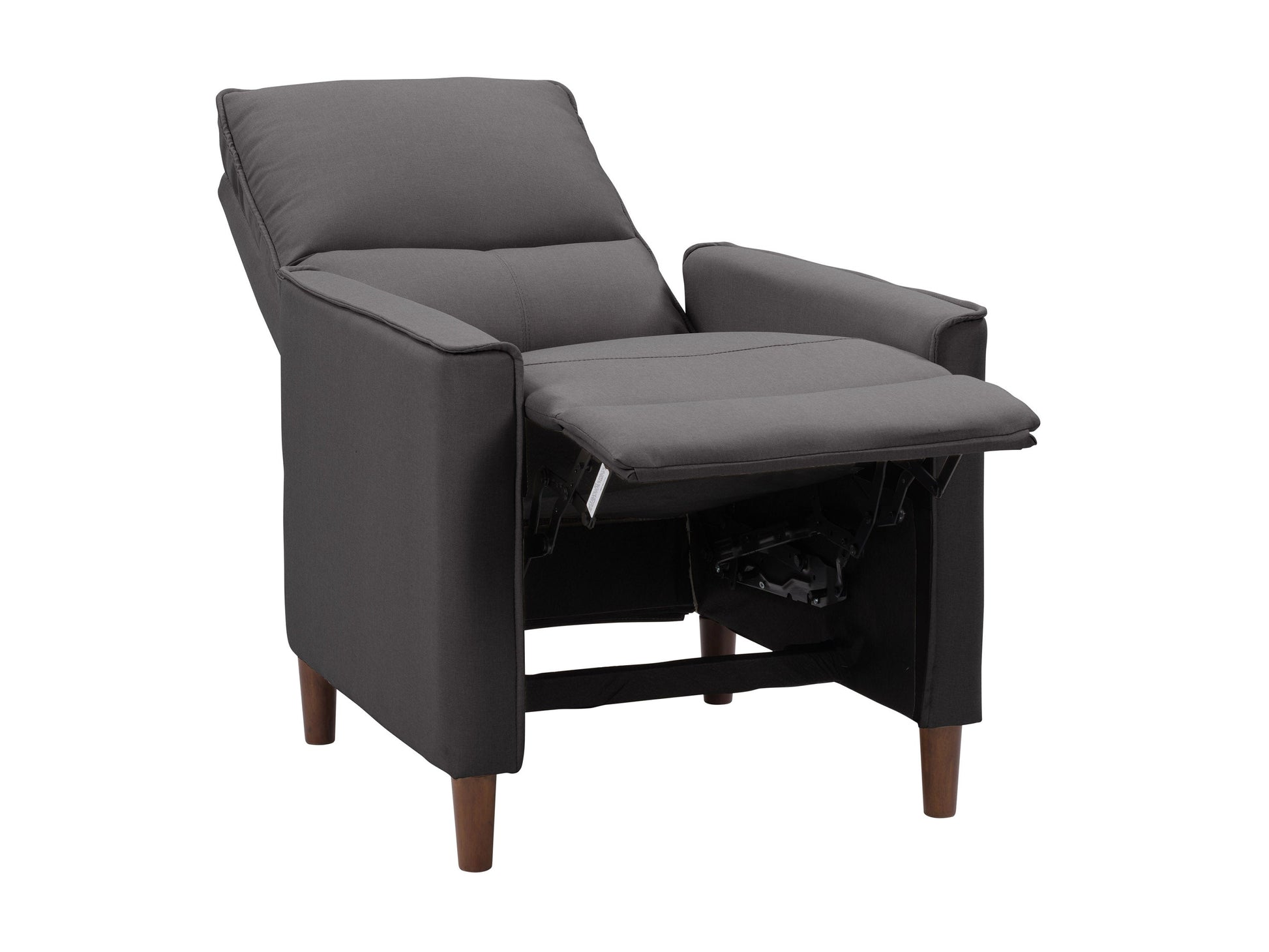 Dark grey mid-century recliner with wooden legs and tufted backrest.