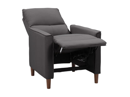 Dark grey mid-century recliner with wooden legs and tufted backrest.
