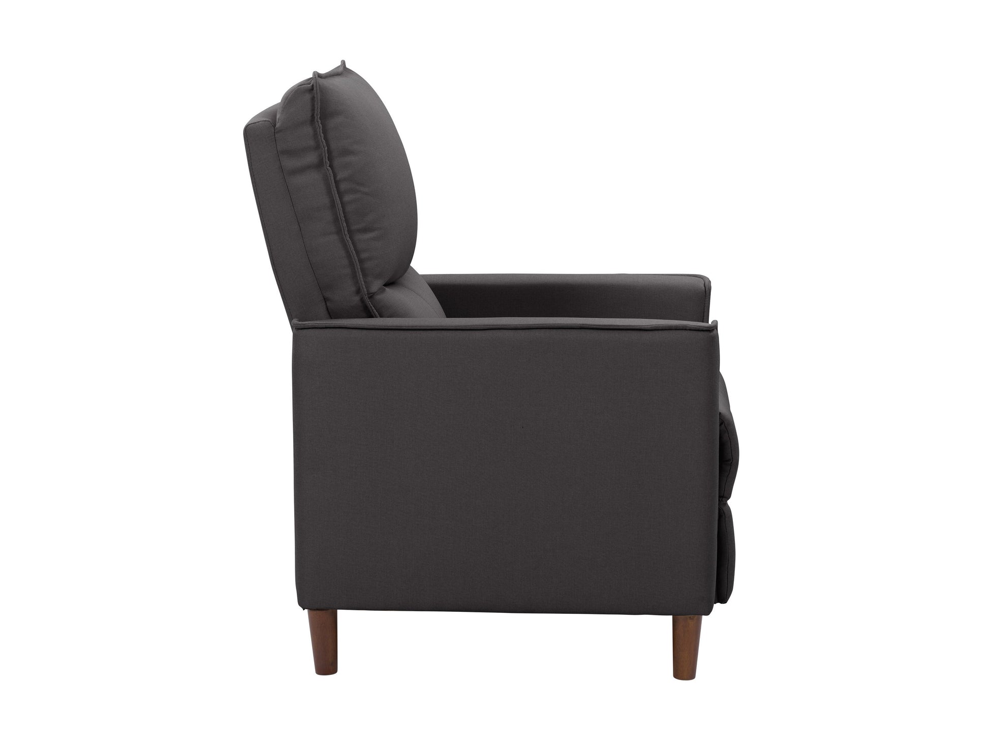 Mid-century dark grey recliner with wooden legs, tufted backrest, and sleek armrests.