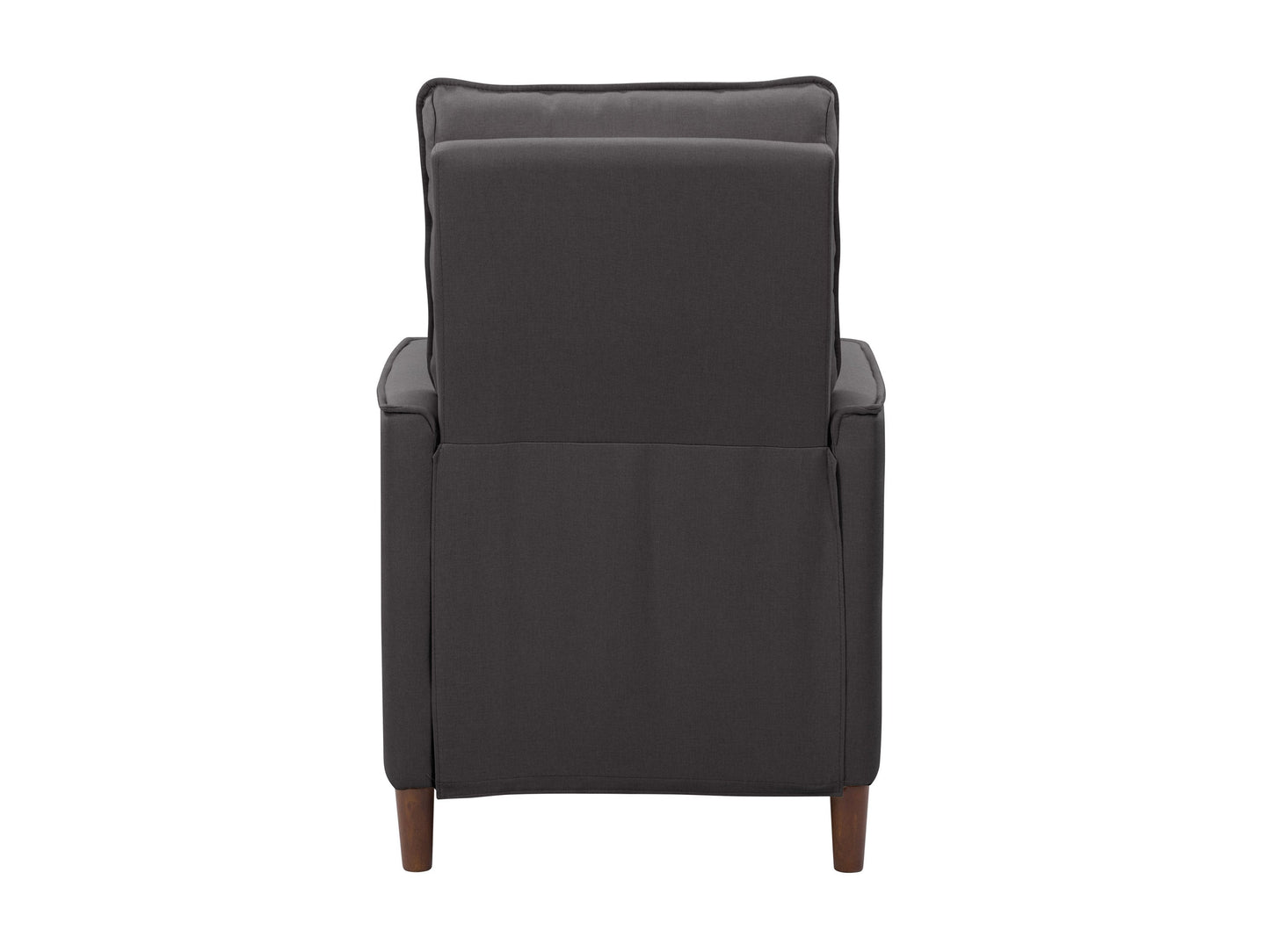 Mid-century dark grey fabric recliner with wooden legs and tufted backrest.