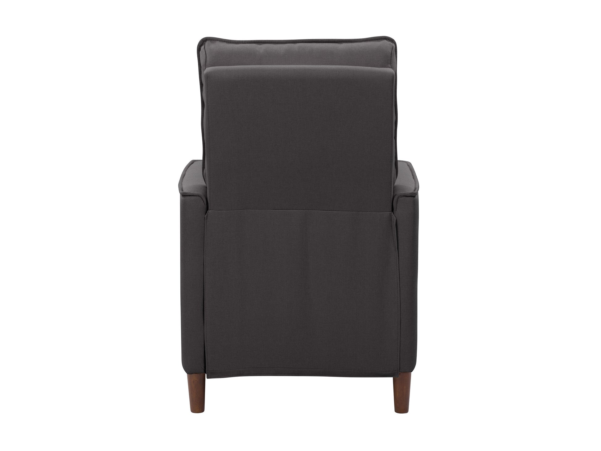 Mid-century dark grey fabric recliner with wooden legs and tufted backrest.