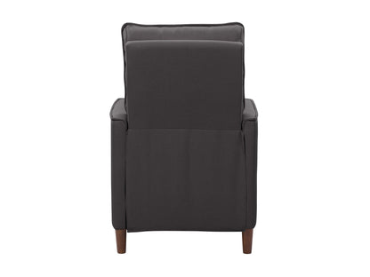 Mid-century dark grey fabric recliner with wooden legs and tufted backrest.