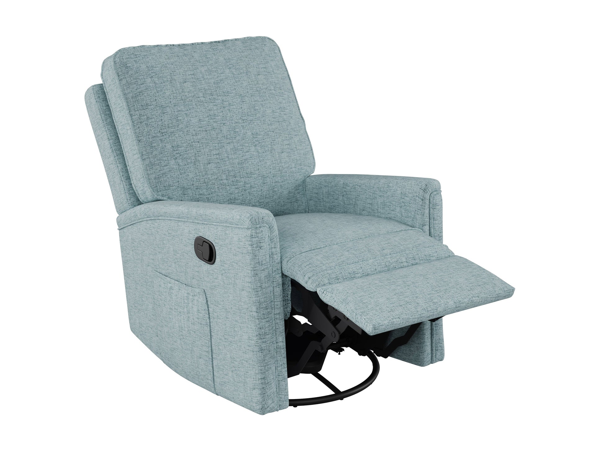 Blue swivel glider recliner chair with plush cushions, ergonomic design, and durable fabric upholstery.