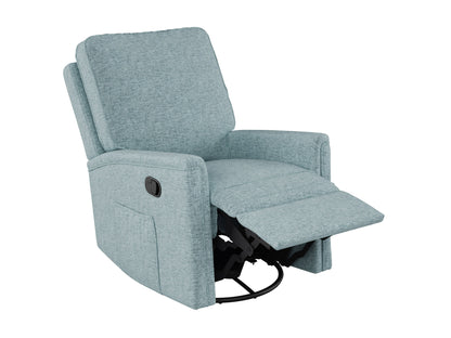 Blue swivel glider recliner chair with plush cushions, ergonomic design, and durable fabric upholstery.