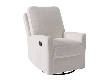 Boucle swivel recliner chair in grey fabric with plush cushions and sleek modern design.