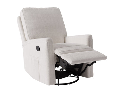 Boucle swivel recliner chair in grey fabric with sleek design and comfortable padded cushions.