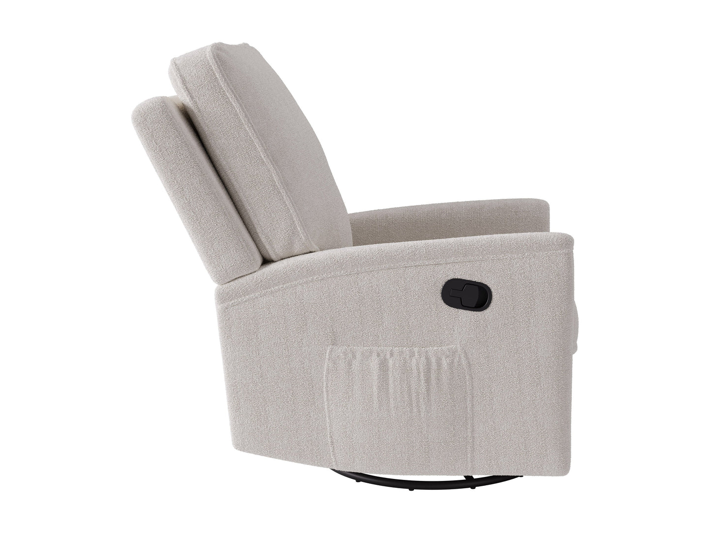 Boucle swivel recliner chair in light grey fabric with a modern design and comfortable cushioning.