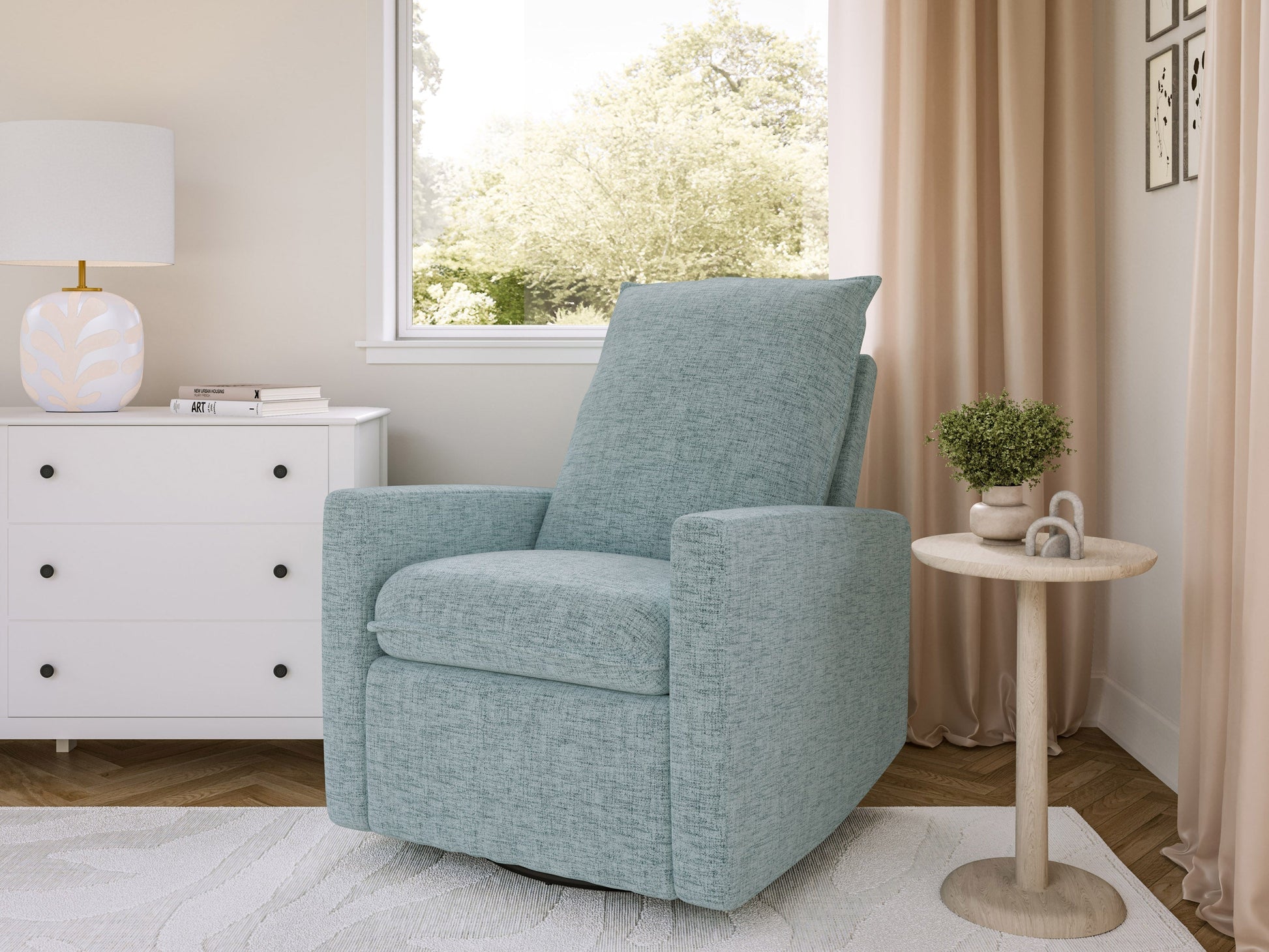 Glider recliner chair in grey fabric with padded armrests, tufted back, and smooth wooden base for living room comfort.