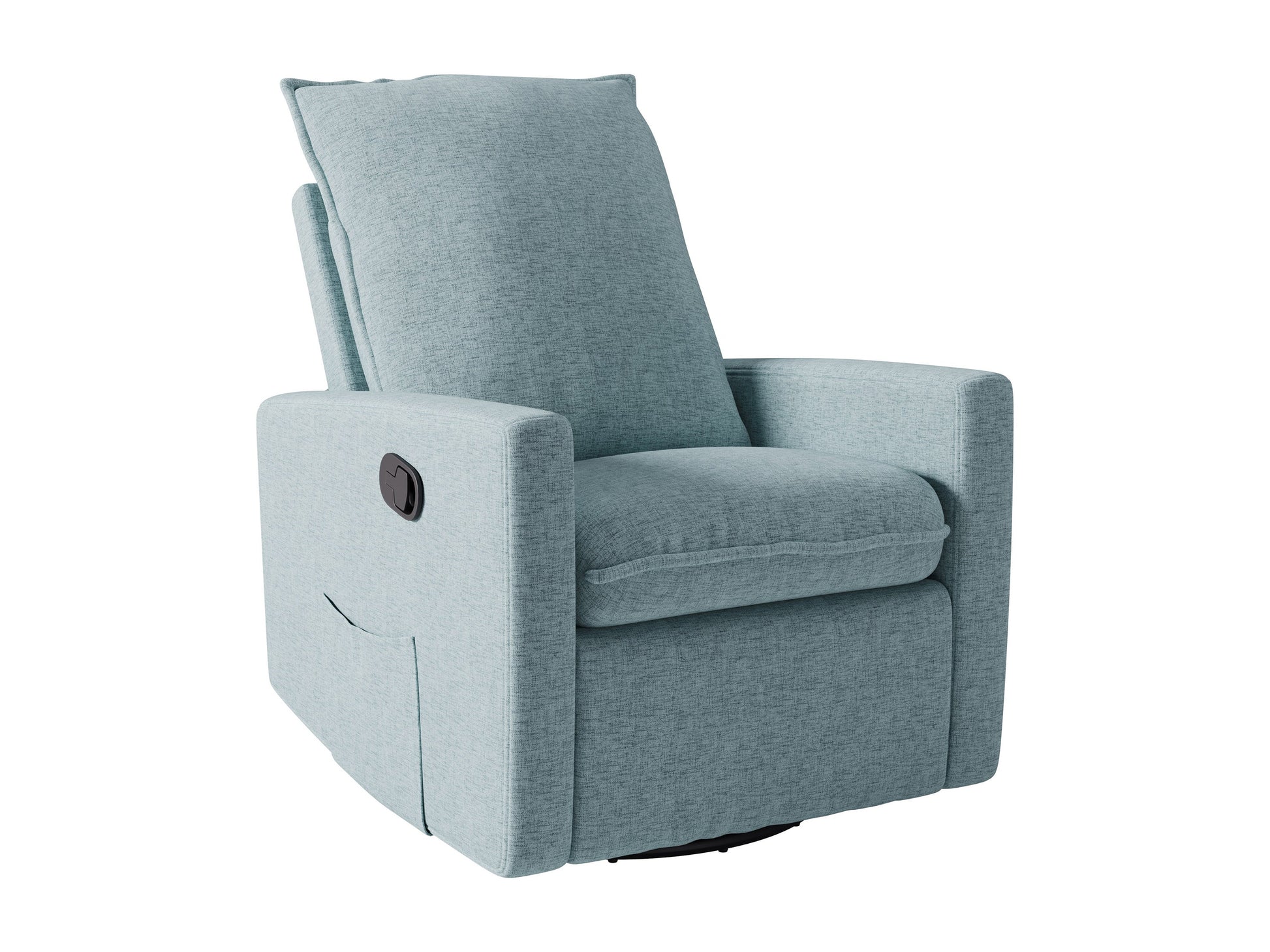 Luxurious grey leather glider recliner chair with plush cushions and sleek metal base for ultimate comfort and style.