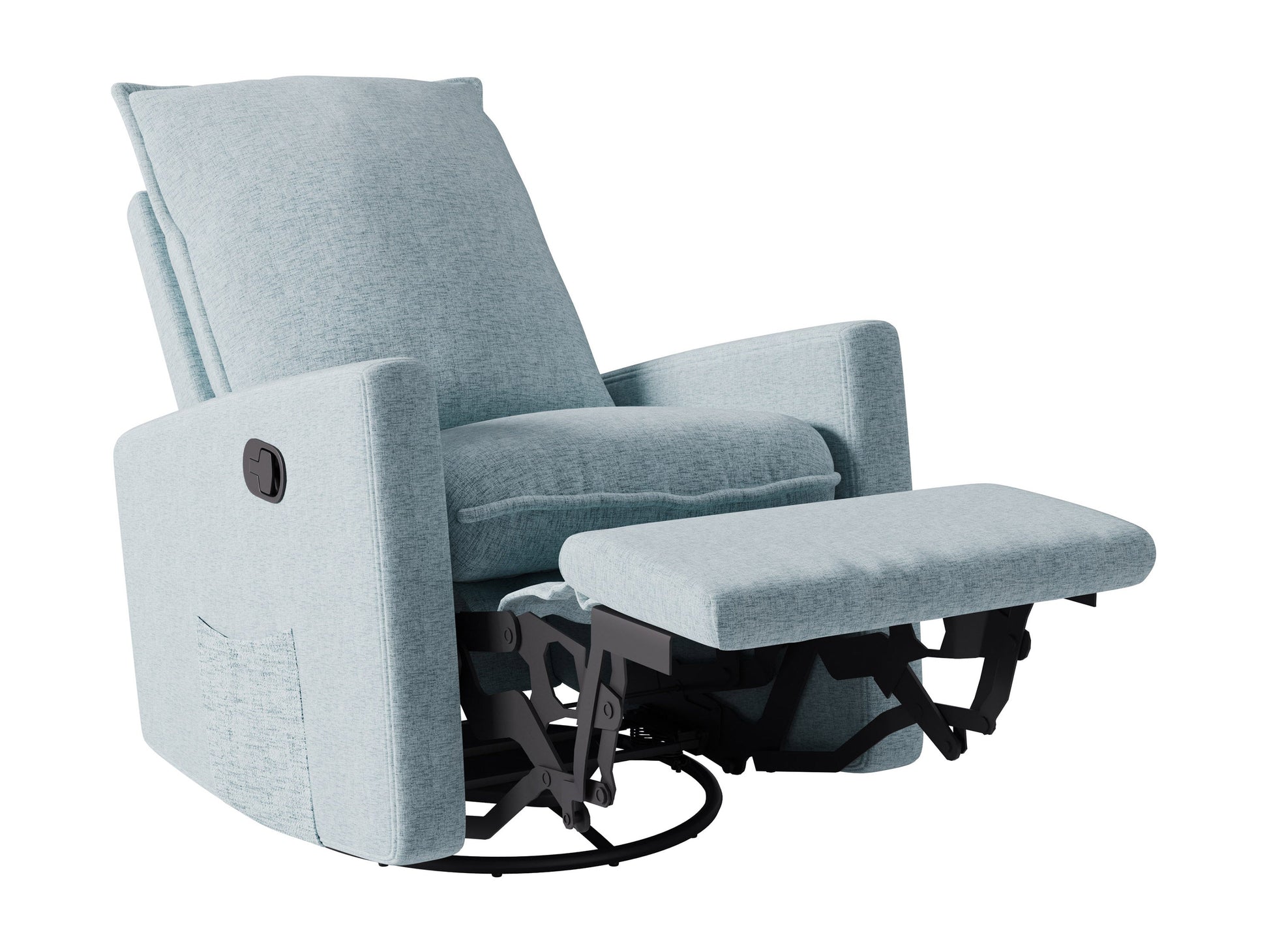 Luxurious grey glider recliner chair with plush cushions, ergonomic design, and sleek metal base.
