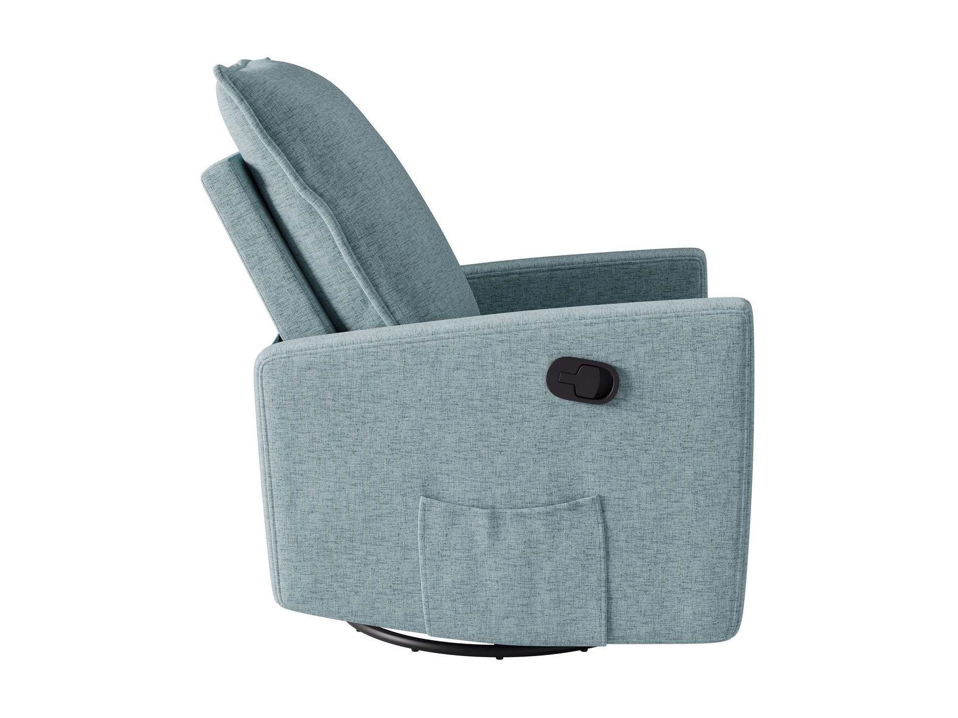 Comfortable grey fabric glider recliner chair with padded armrests, sturdy wooden frame, and smooth reclining mechanism.