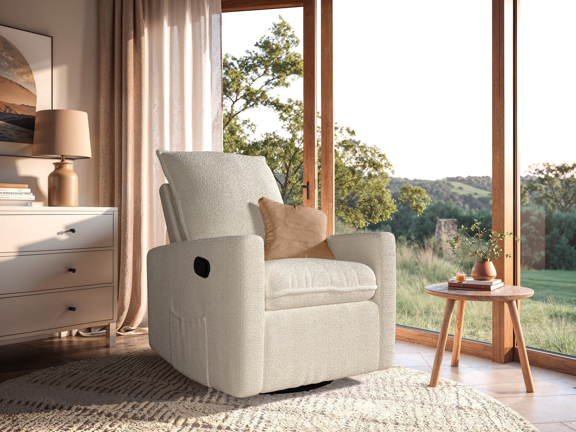 Cream boucle glider recliner chair with plush upholstery, ergonomic design, and smooth reclining mechanism.