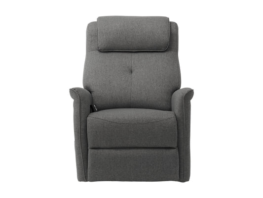Medium grey power lift recliner with plush fabric upholstery, ergonomic design, and wooden legs.