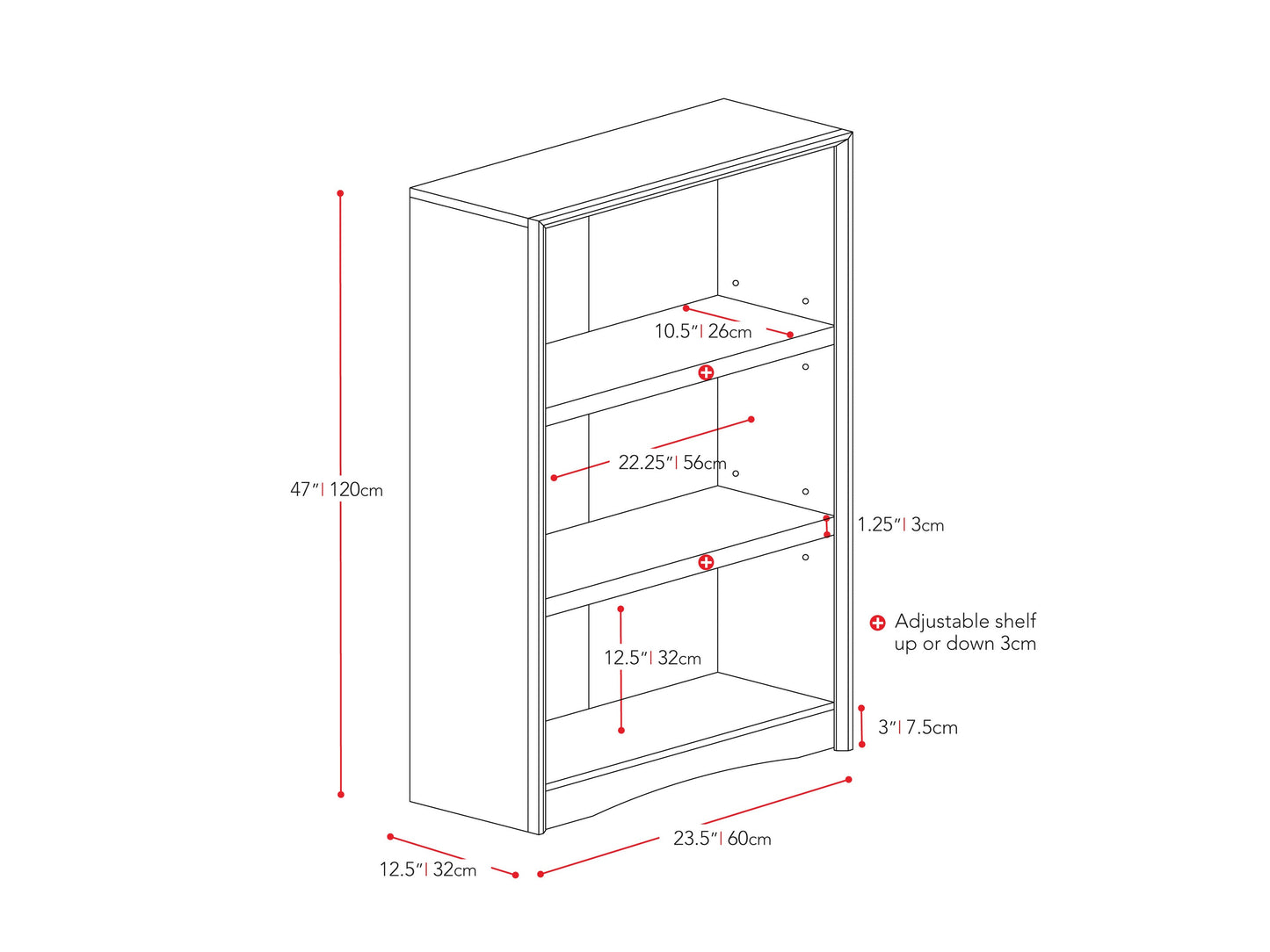 White 3 shelf bookcase with clean lines, adjustable shelves, and modern minimalist design.