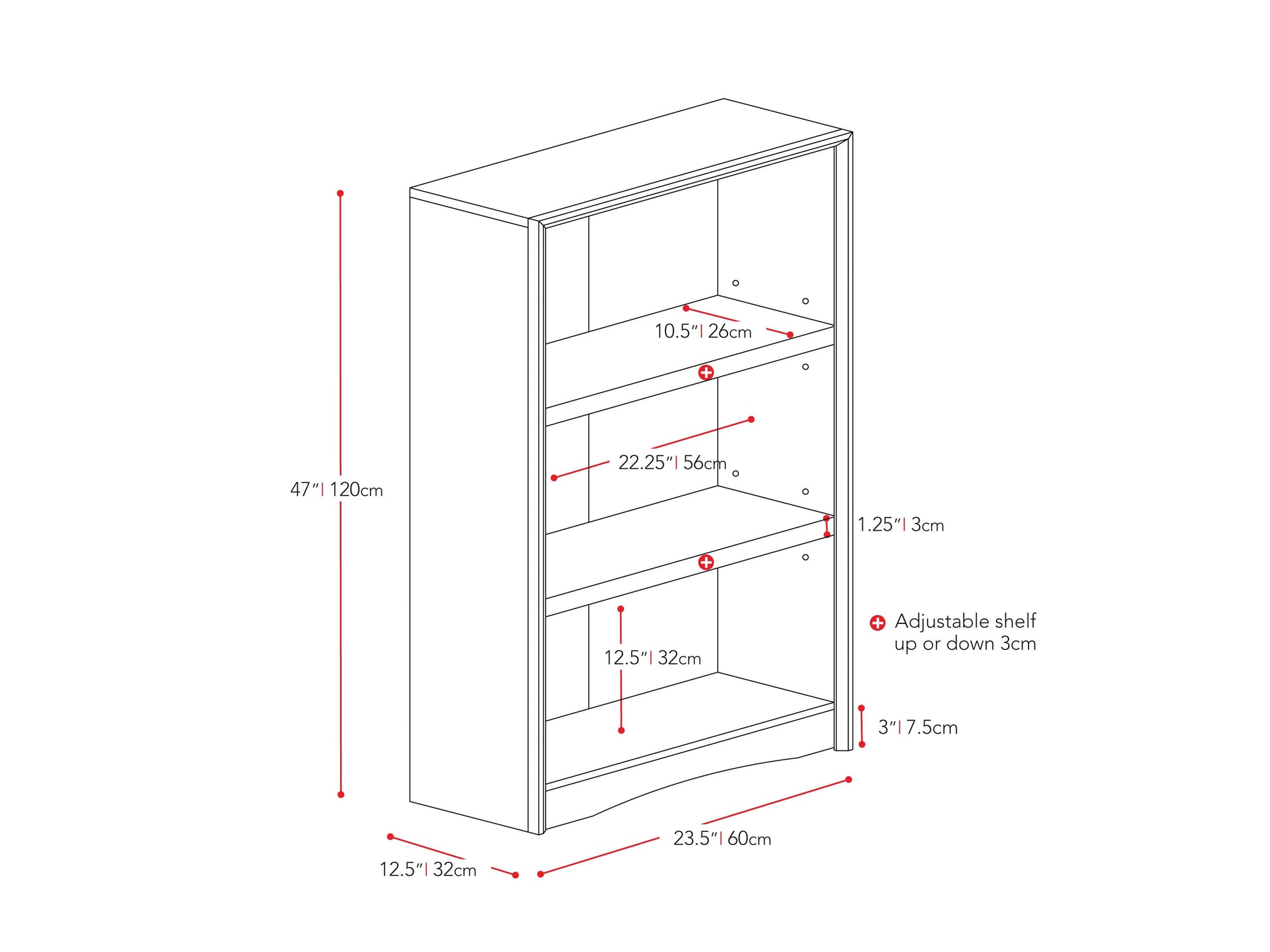 White 3 shelf bookcase with clean lines, adjustable shelves, and modern minimalist design.