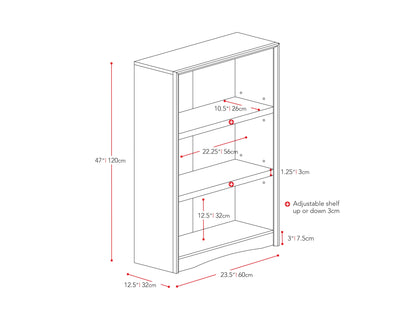 White 3 shelf bookcase with clean lines, adjustable shelves, and modern minimalist design.