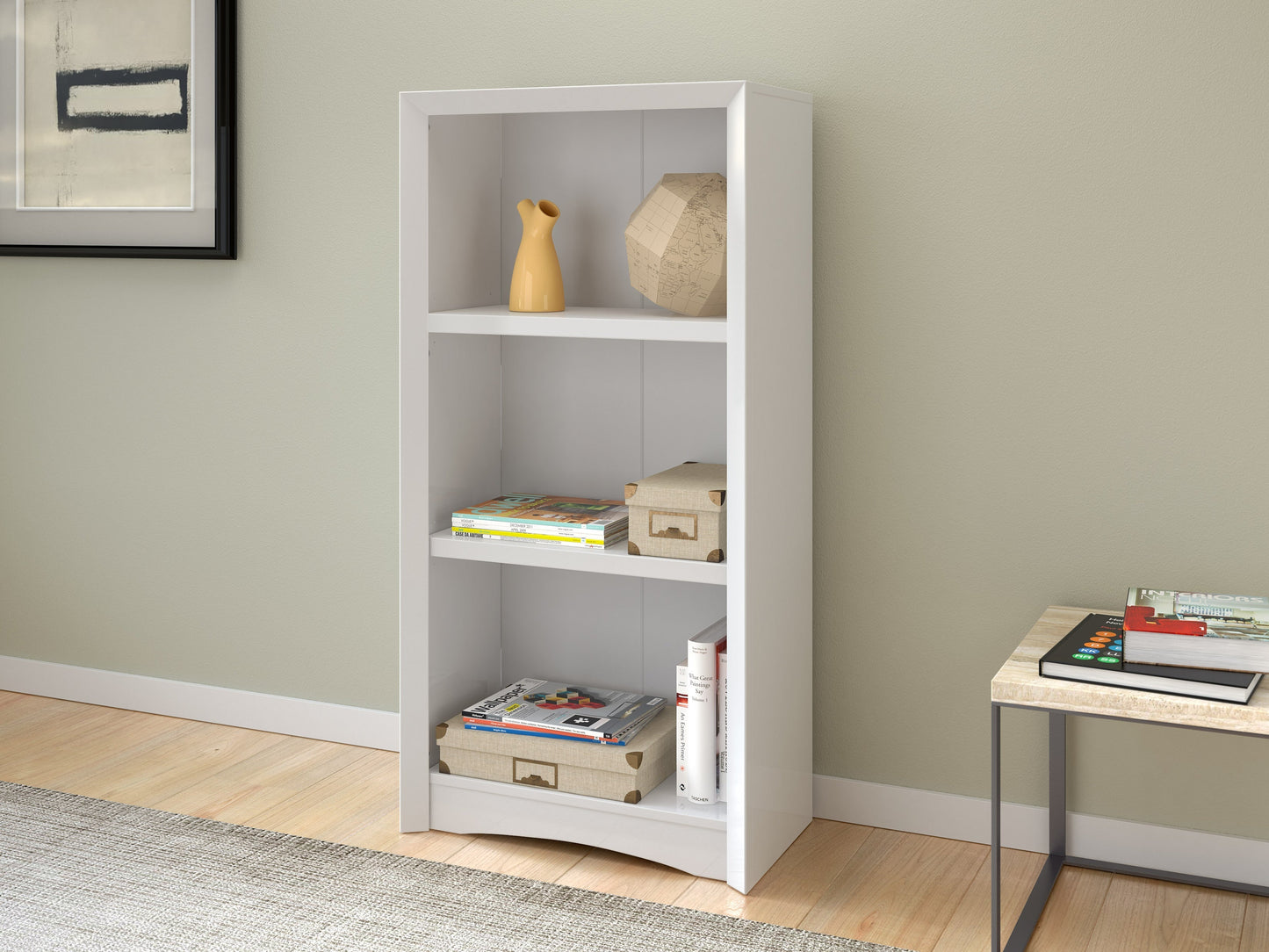 White 3 shelf bookcase with clean lines, modern design, and ample storage space for books and decor.