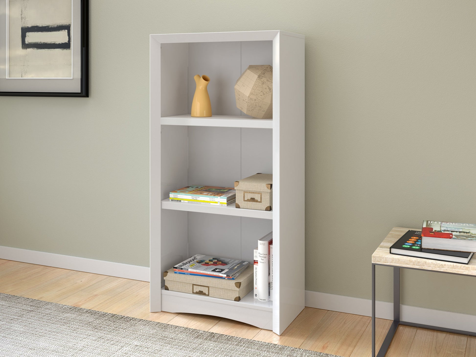 White 3 shelf bookcase with clean lines, modern design, and ample storage space for books and decor.