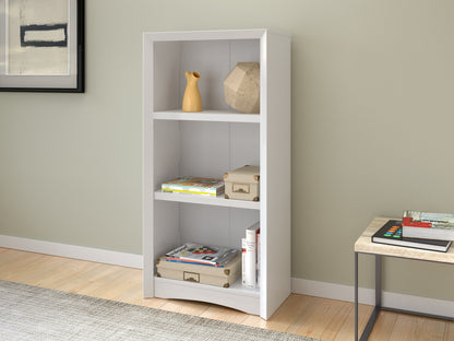 White 3 shelf bookcase with clean lines, modern design, and ample storage space for books and decor.