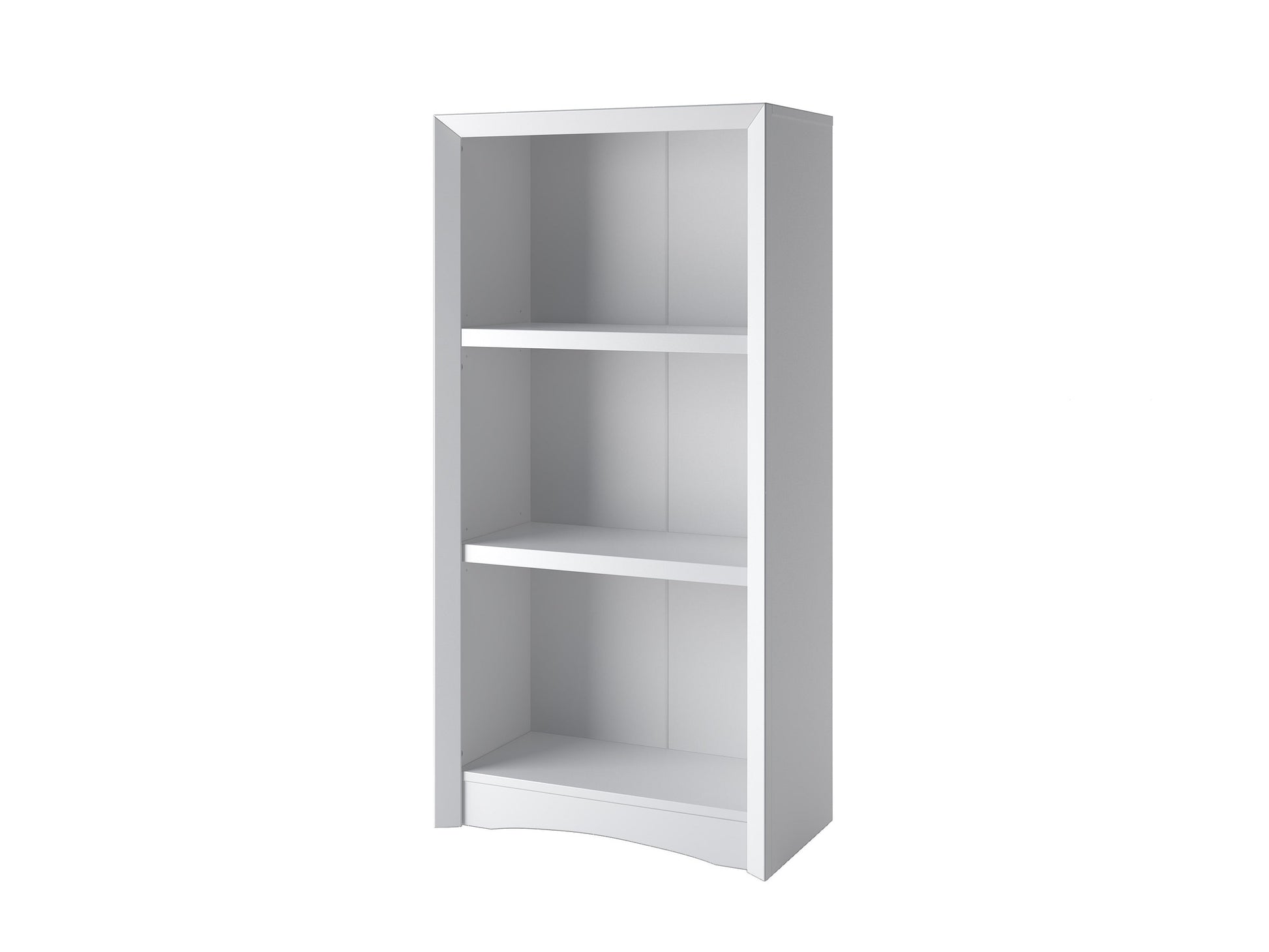 White 3-shelf bookcase with adjustable shelves, sleek design, and sturdy build for home or office storage.