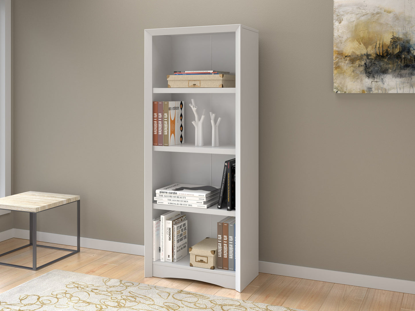 White 4-shelf bookcase with clean lines, minimalist design, and sturdy construction for modern home or office organization.