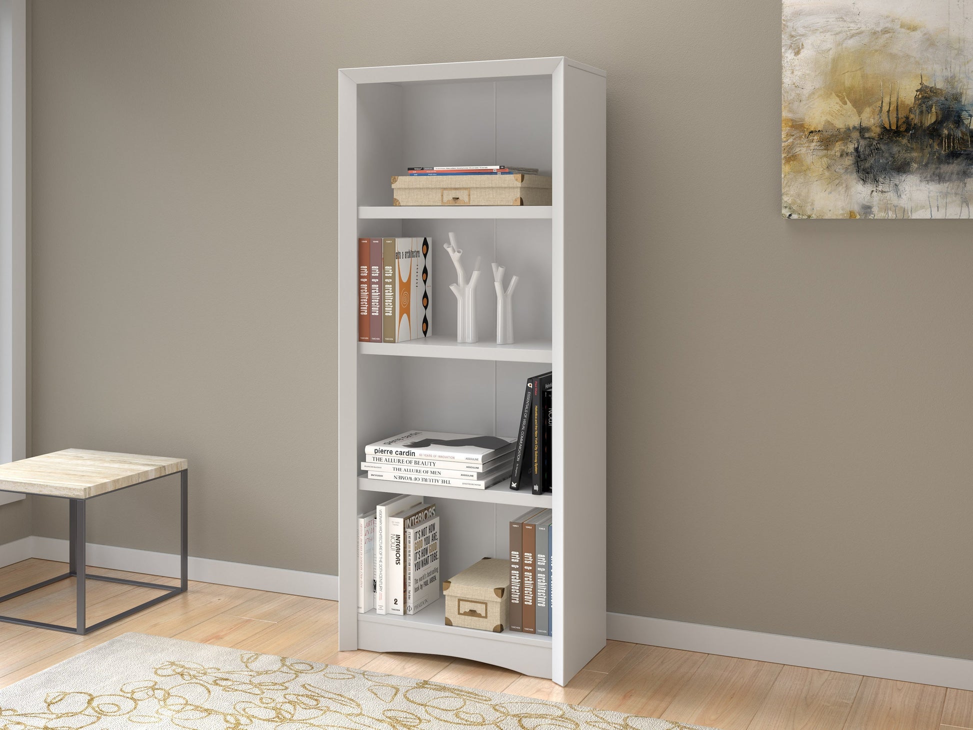 White 4-shelf bookcase with clean lines, minimalist design, and sturdy construction for modern home or office organization.