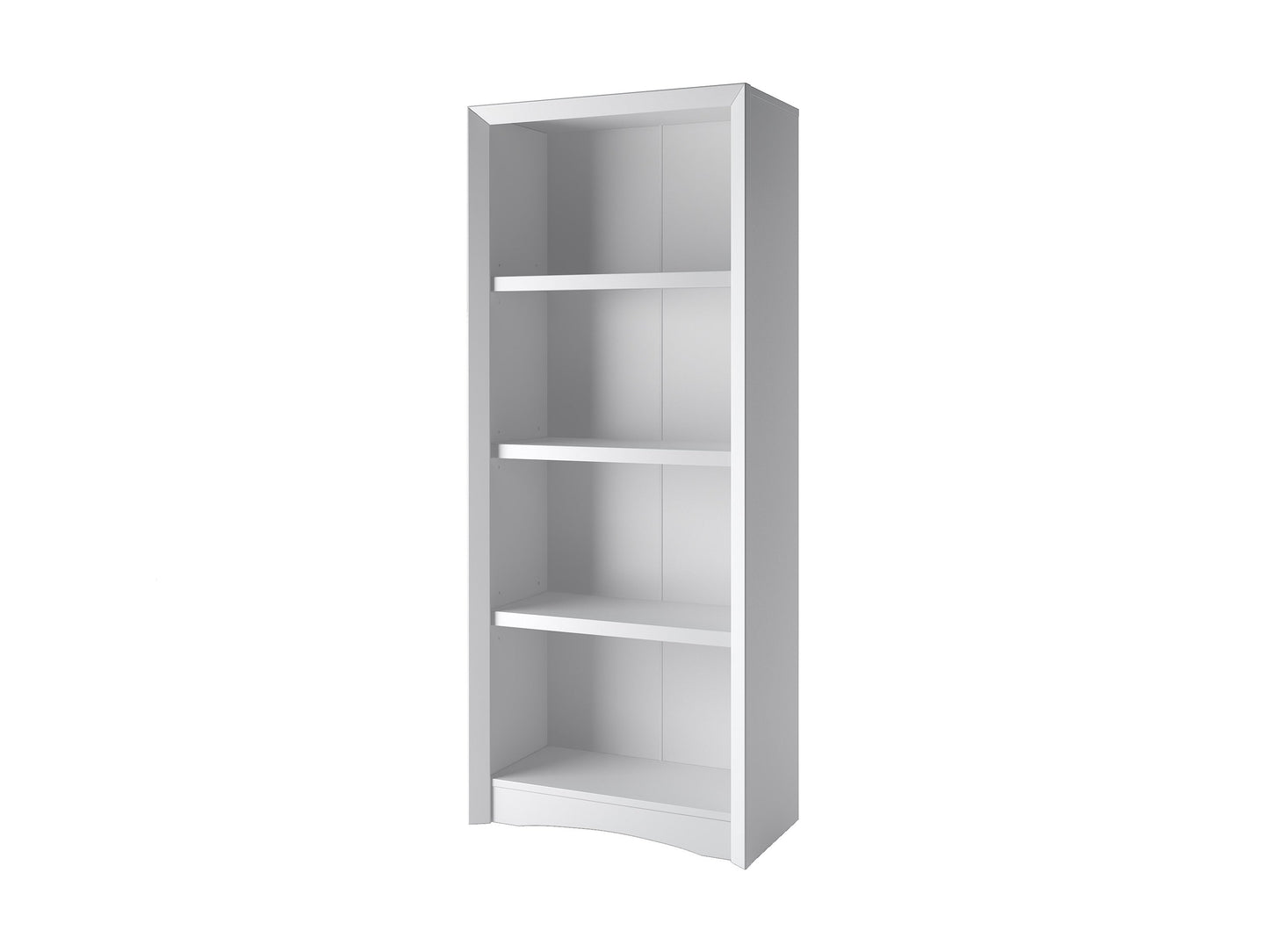 White 4-shelf bookcase with a minimalist design, ideal for home office or living room storage.