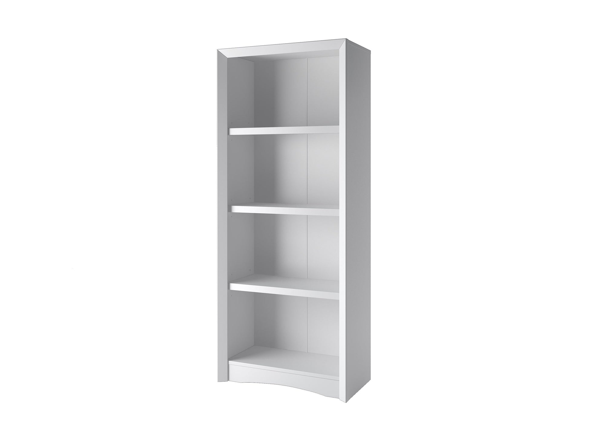 White 4-shelf bookcase with a minimalist design, ideal for home office or living room storage.