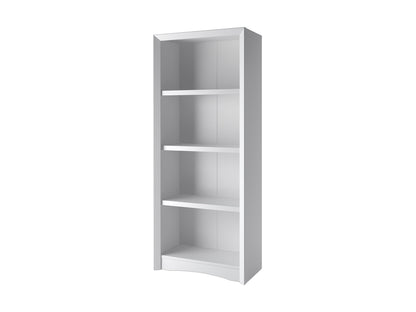 White 4-shelf bookcase with a minimalist design, ideal for home office or living room storage.