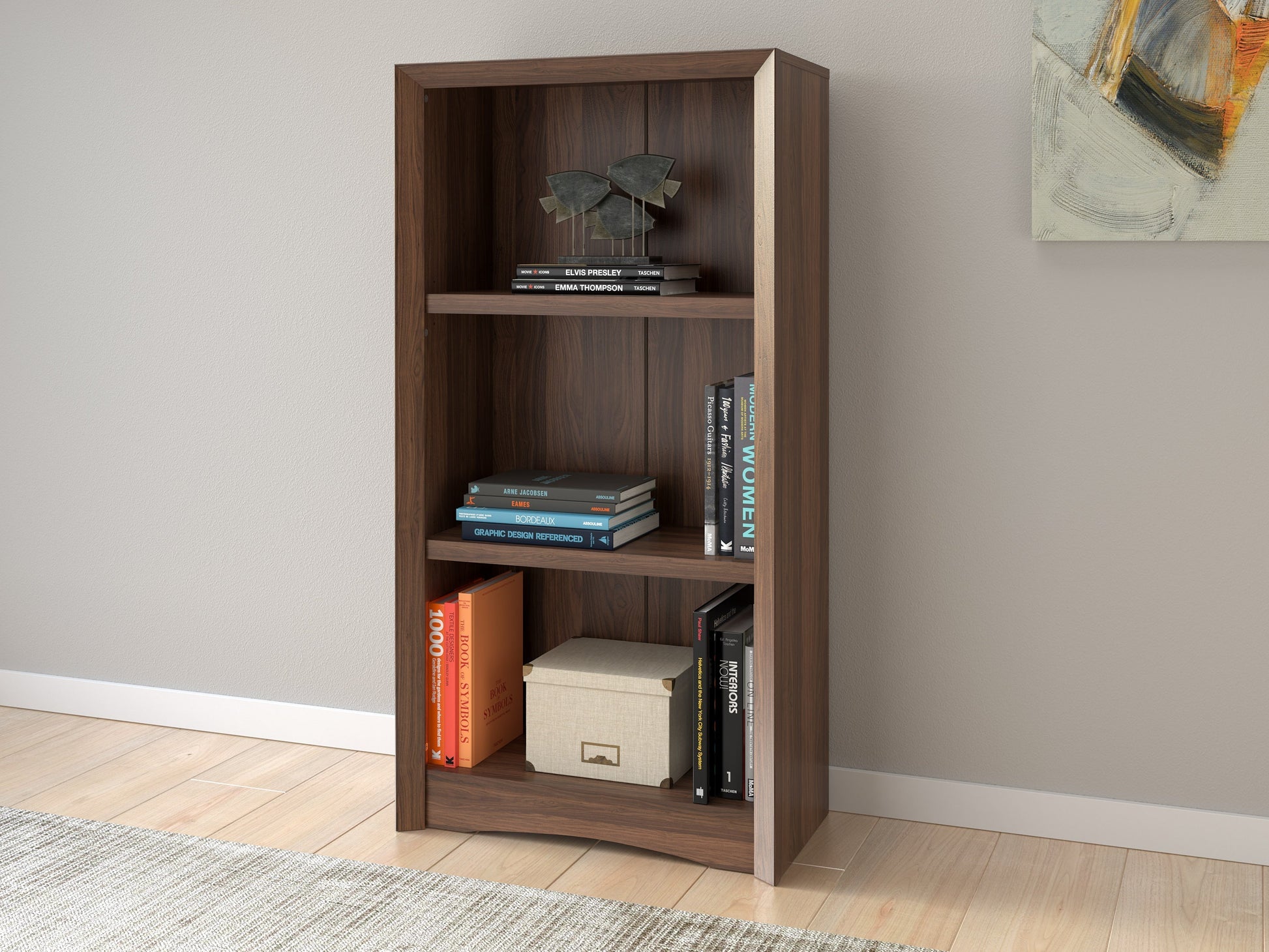 Brown 3 shelf bookcase with open back design, wooden texture, and minimalist style.