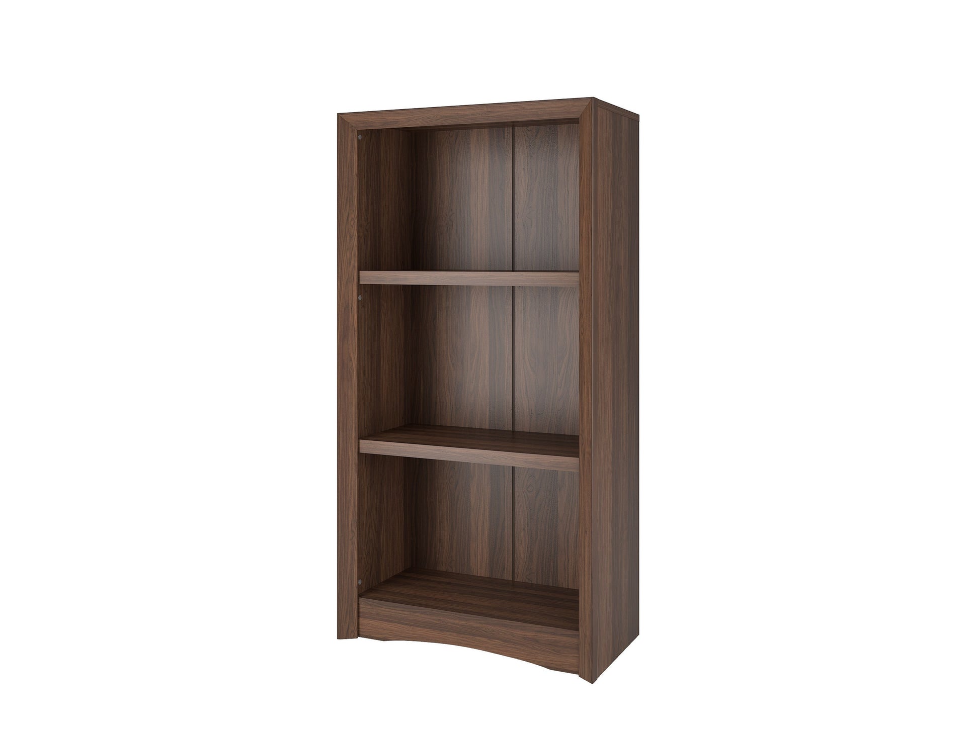 Brown 3 shelf bookcase with wooden finish, open-back design, and sturdy construction for home or office use.