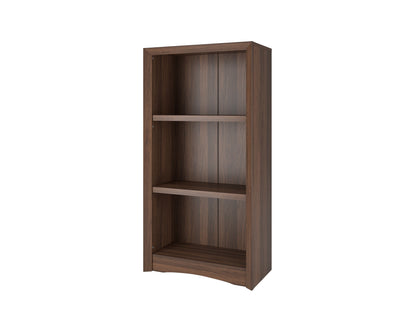 Brown 3 shelf bookcase with wooden finish, open-back design, and sturdy construction for home or office use.