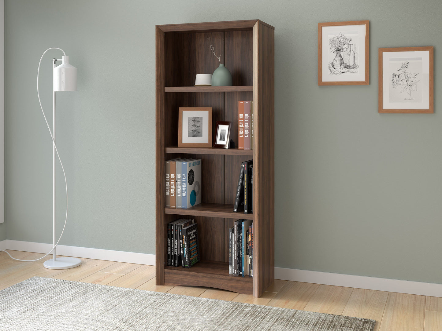 Brown 4 shelf bookcase with open design, wooden construction, and minimalist style for home or office storage.