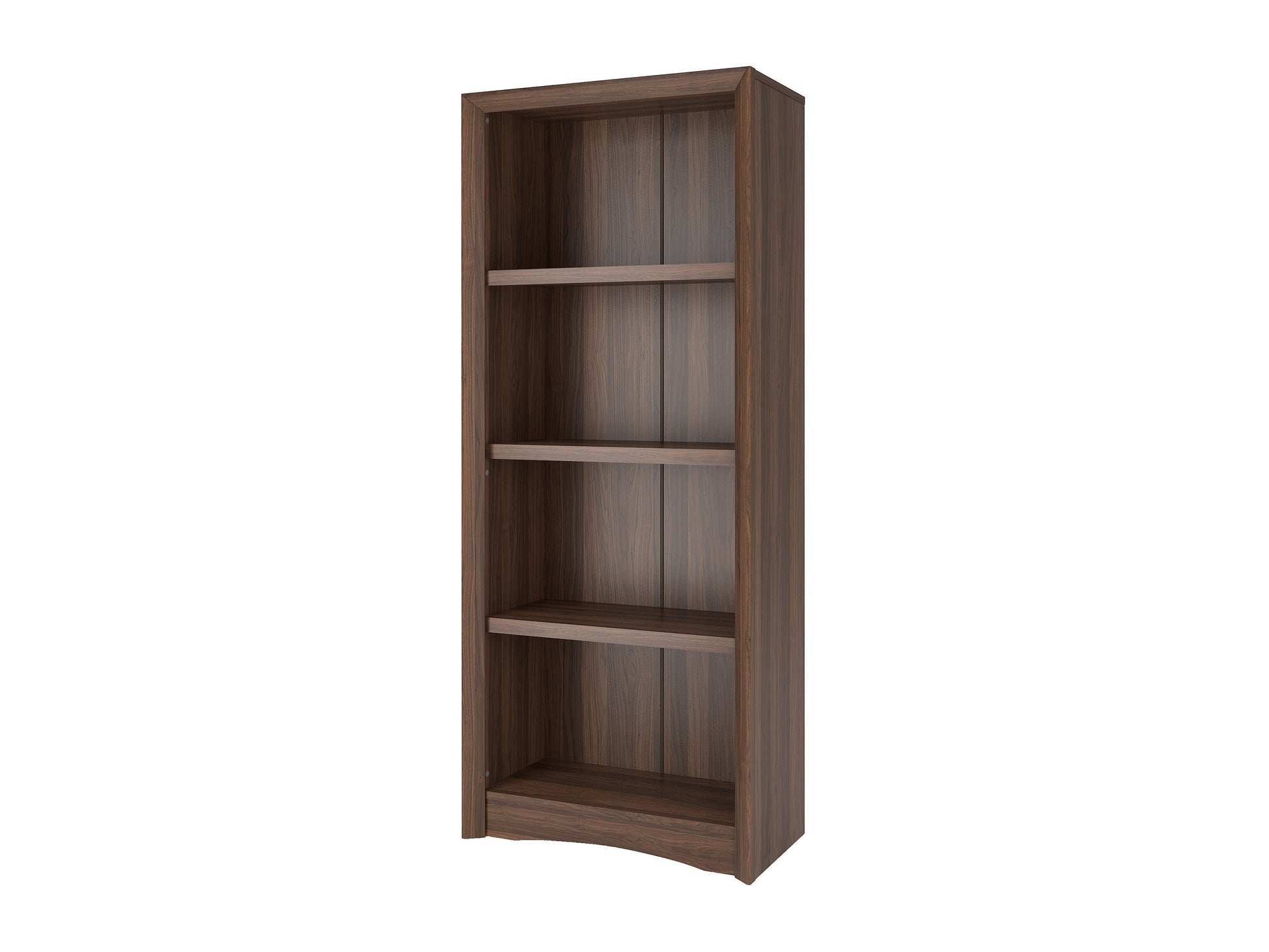 Brown wooden 4 shelf bookcase with open design, sturdy build, and minimalist style for home or office storage.